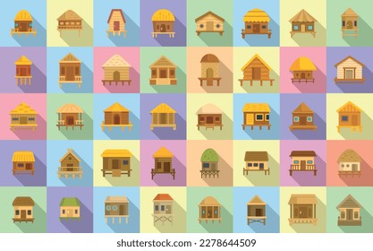 Bungalow icons set flat vector. African cabin. Beach cottage