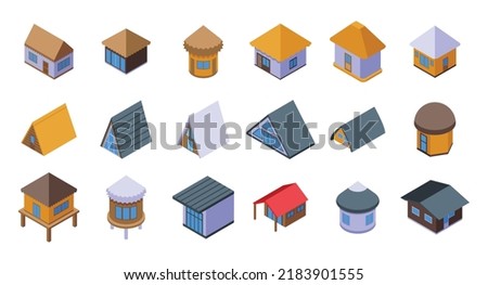 Bungalow icons set isometric vector. African apartment. Cabin cottage