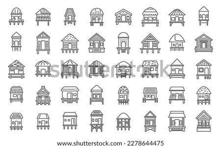 Bungalow icons set outline vector. African cabin. Beach cottage