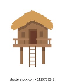 Bungalow with ladder closeup, building house with veranda, sloping roof, made of wood, tropical exotic estate vector illustration isolated on white