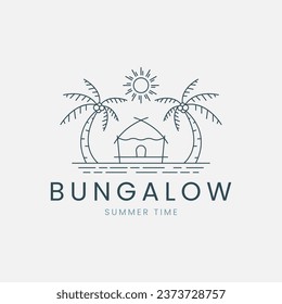 bungalow line art logo vector with sea and palm tree, sun illustration template design