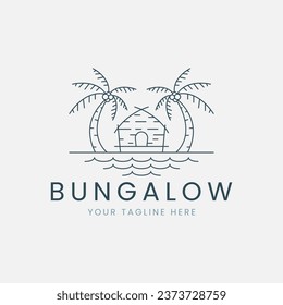 bungalow line art logo vector with sea and palm tree illustration template design. icon nature