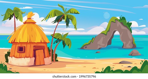 Bungalow in Maldives island with palm trees and tropical flowers, vector banner of resort water villas. A hut by the ocean, a rock with a cave in the sea. Hawaii resort. Template for text.