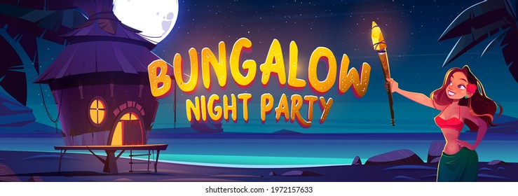 Bungalow night party banner with woman and resort wooden house on background of sea, palm trees and dark sky with moon and stars. Vector header of summer beach party on ocean shore