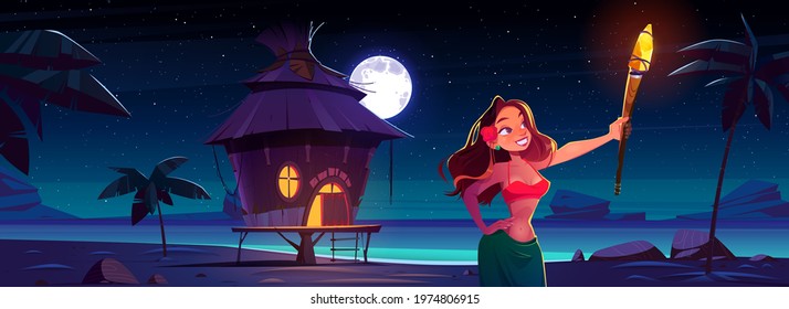 Bungalow night party banner with woman and resort wooden house on background of sea, palm trees and dark sky with moon and stars. Vector header of summer beach party on ocean shore