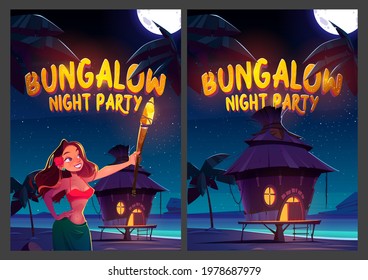 Bungalow night party cartoon posters. Young woman holding glowing torch on beach with hut under starry sky with moon on tropical resort. Beautiful girl relaxing at ocean shore, vector illustration