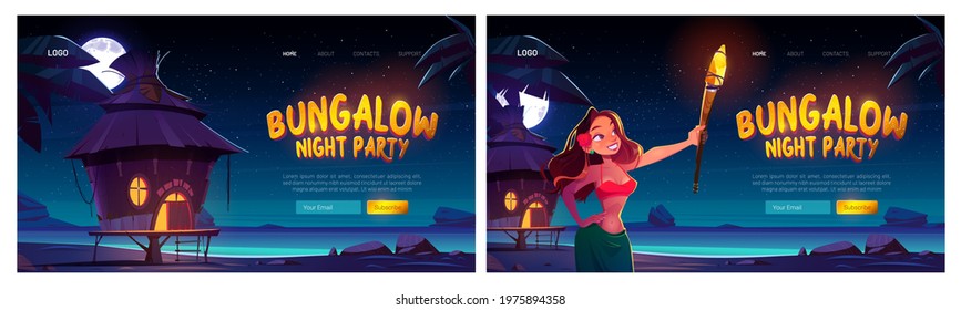 Bungalow night party website with woman and resort wooden house on background of sea, palm trees and dark sky with moon and stars. Vector landing page of summer beach party on ocean shore