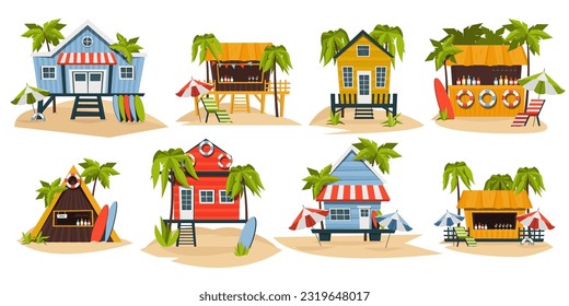Bungalow on beach set. Tropical island house with palm trees, beach hut with surfboard and sand. Vector summer vacation paradise isolated collection of bungalow tropical, house on beach illustration