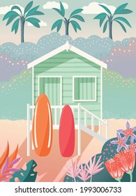 Bungalow on a beach with surfboards on the deck. Palm trees in the background and floral decoration. Summer house on the sand, exotic tropical scene. Colofrul vector illustration. 