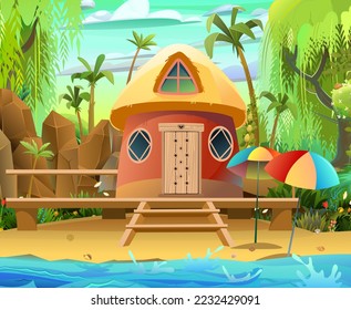 Bungalow on beach. Waves and sand. Tropical landscape with small holiday home. Sun umbrellas and palm trees. Nice cartoon style illustration. Vector