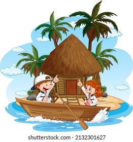 Bungalow on the island with children on wooden boat illustration