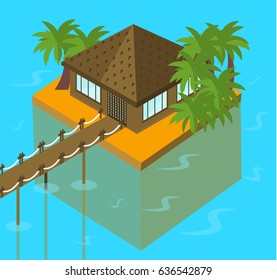 Bungalow on the ocean with palm trees. Tropical, vacation isometric vector illustration for touristic business, advertisements. Summer holidays banner
