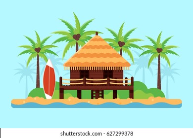 Bungalow on a Sand Beach with Palm Trees and Surfboard. Flat Design Style. 