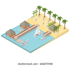 Bungalow on Sea Coast Isometric View Summer Travel Tropic Paradise Romantic Tourism. Vector illustration