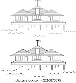 Bungalow on wooden stilts. Tropical bungalows on the water. A place for secluded relaxation. Line vector illustration.