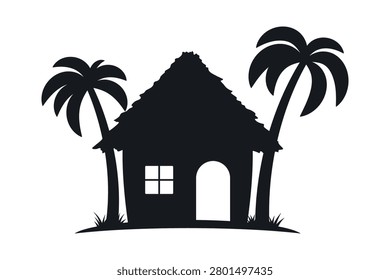 Bungalow and palm trees icon. Black and blue silhouette. Front view. Vector simple flat graphic illustration. Isolated on white background.