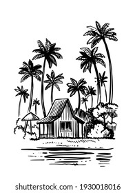 Bungalow with palm trees next to sea. Beach tropic vacation sketch style