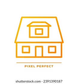 Bungalow pixel perfect gradient linear vector icon. House with sloped roof. Recreation home. Buying property. Cottage. Thin line color symbol. Modern style pictogram. Vector isolated outline drawing