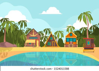 Bungalow seaside. Summer beach with tropical little house ocean hotel paradise vector background