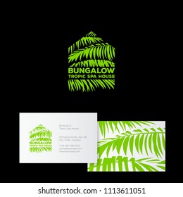 Bungalow spa logo. Tropic Spa House logo. Tropical cosmetics. Beauty. Palm leaves in a silhouette of a tropical house. Identity and business card.