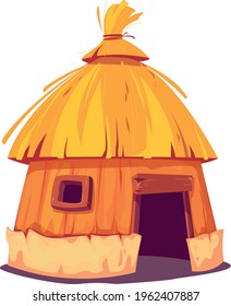 Bungalow with thatched roof fun. The hut is a traditional home for the inhabitants of the islands and African tribes. Vector illustration in cartoon style. Isolated clipart on white background