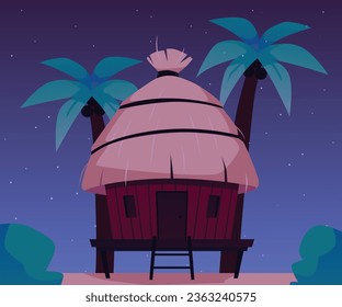 Bungalow with thatched roof in night. Small hut near palm trees on the beach. Vector cartoon villa for vacation and resort on exotic island. Summer stilt home, ladder, paradise coast wooden dwelling