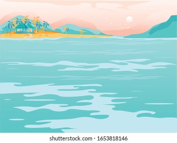 Bungalow with Thatched Roof on Sand Island among Palm Trees. Ocean, River, Lake or Sea Closeup. Hill and Sunset in Sky on Background. Tropical Paradise at Lagoon. Modern Flat Vector Illustration