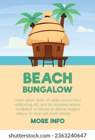 Bungalow with thatched roof. Small hut near palm trees on the beach. Vector cartoon poster with villa for vacation and resort on exotic island. Summer stilt home, tropical paradise wooden dwelling