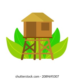 Bungalow. Tropical hut on poles. Exotic southern wooden house. Flat cartoon illustration