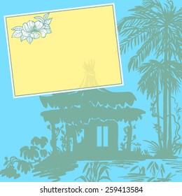 Bungalow under a palm tree near the water. Color drawing.