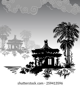 Bungalow under a palm tree near the water. Monochrome drawing.
