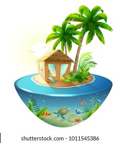 Bungalow under palm tree on tropical island. Isolated on white vector 3d cartoon illustration
