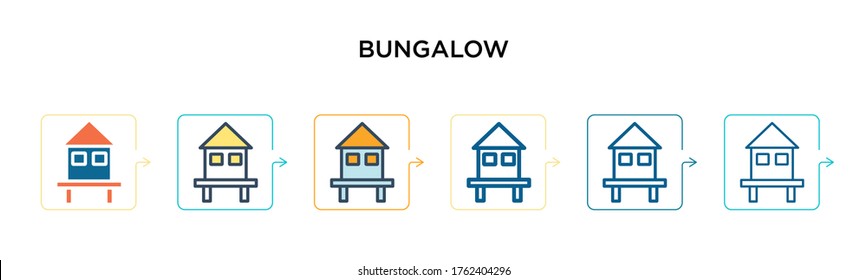Bungalow vector icon in 6 different modern styles. Black, two colored bungalow icons designed in filled, outline, line and stroke style. Vector illustration can be used for web, mobile, ui