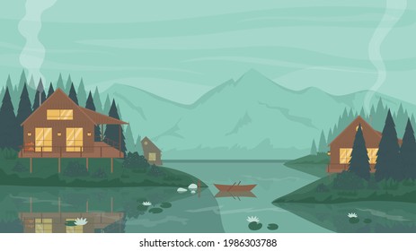 Bungalow wooden house cabin in mountain landscape vector illustration. Cartoon calm waters of lake or river, cozy exterior of stilt houses cottages in green forest, travel weekend adventure background