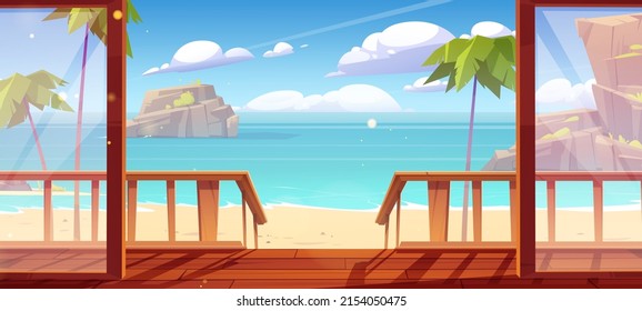 Bungalow wooden porch and view to sand sea beach with palm trees and mountains in water. Vector cartoon illustration of summer tropical ocean landscape and house terrace with staircase