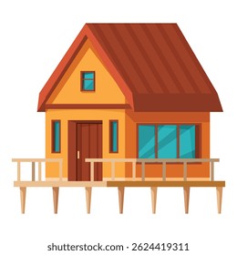Bungalow with wooden terrace standing on stilts over water surface, tropical architecture for vacation or travel concept