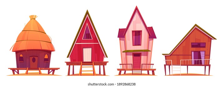 Bungalows, beach summer houses on piles with terrace, wooden private buildings, villas, hotel, cottages residential homes, apartments, living property, Cartoon vector illustration, isolated icons set