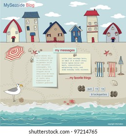 Bungalows And Cabanas On A Sandy Beach, With Lounge Chairs, Parasols And Sea Treasures Spread Around Pages For The Blog And Web Site Layout, Template