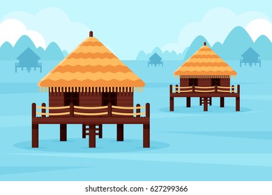 Bungalows in Ocean Bay. Flat Design Style.