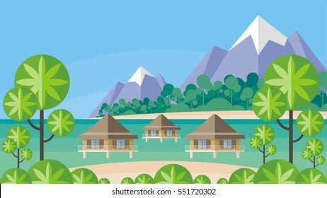 Bungalows on the ocean surrounded by tropical plants. South sea landscape. Vector background. Flat design.