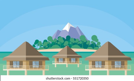 Bungalows on the ocean surrounded by tropical plants. South sea landscape. Vector background. Flat design.