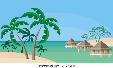 Bungalows on the ocean surrounded by tropical plants. South sea landscape. Vector background. Flat design.