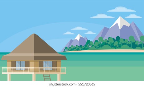 Bungalows on the ocean surrounded by tropical plants. South sea landscape. Vector background. Flat design.