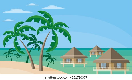 Bungalows on the ocean surrounded by tropical plants. South sea landscape. Vector background. Flat design.