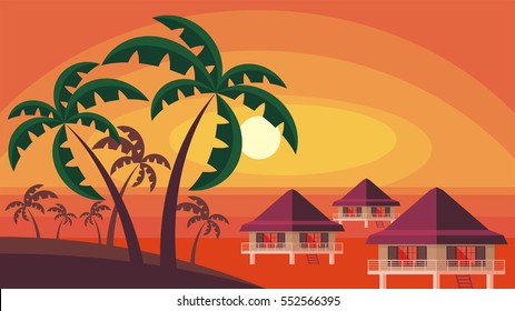 Bungalows on the ocean surrounded by tropical plants. South sea landscape. Vector background. Flat design.
