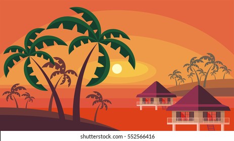 Bungalows on the ocean surrounded by tropical plants. South sea landscape. Vector background. Flat design.