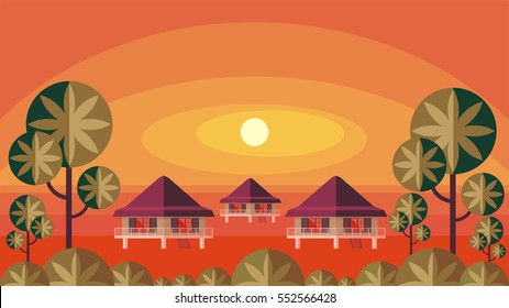Bungalows on the ocean surrounded by tropical plants. South sea landscape. Vector background. Flat design.