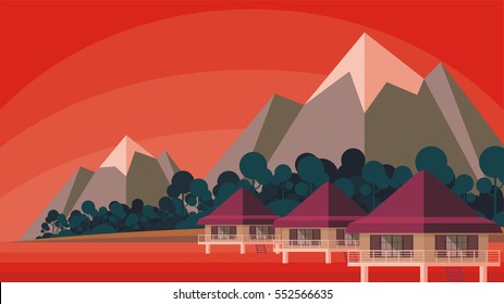 Bungalows on the ocean surrounded by tropical plants. South sea landscape. Vector background. Flat design.