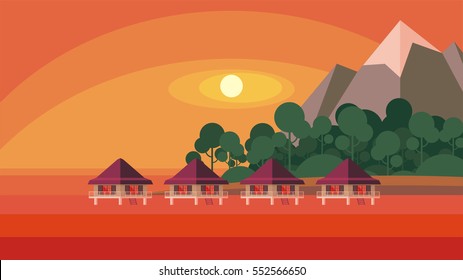 Bungalows on the ocean surrounded by tropical plants. South sea landscape. Vector background. Flat design.