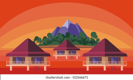 Bungalows on the ocean surrounded by tropical plants. South sea landscape. Vector background. Flat design.